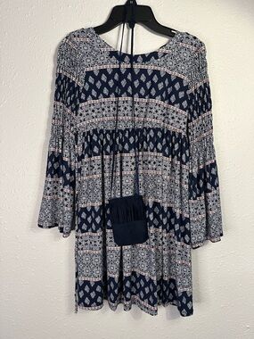 Xtraordinary Navy Blue and White Boho Print Casual Kids Dress